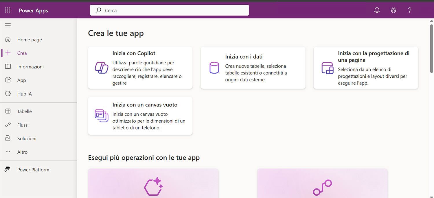 applicativo microsoft power apps visualizzazione del menu di creazione iniziale - Innovio