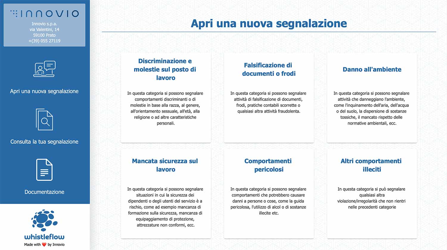applicativo innovio whistleflow e la sua schermata di informazione riguardante le segnalazioni