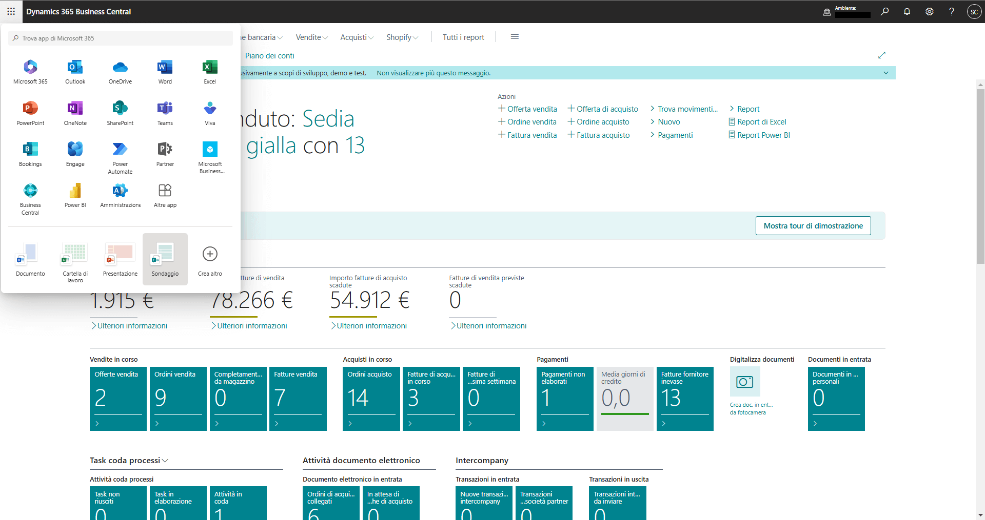 microsoft dynamics 365 business central schermata home con menu di microsoft 365 aperto - Innovio